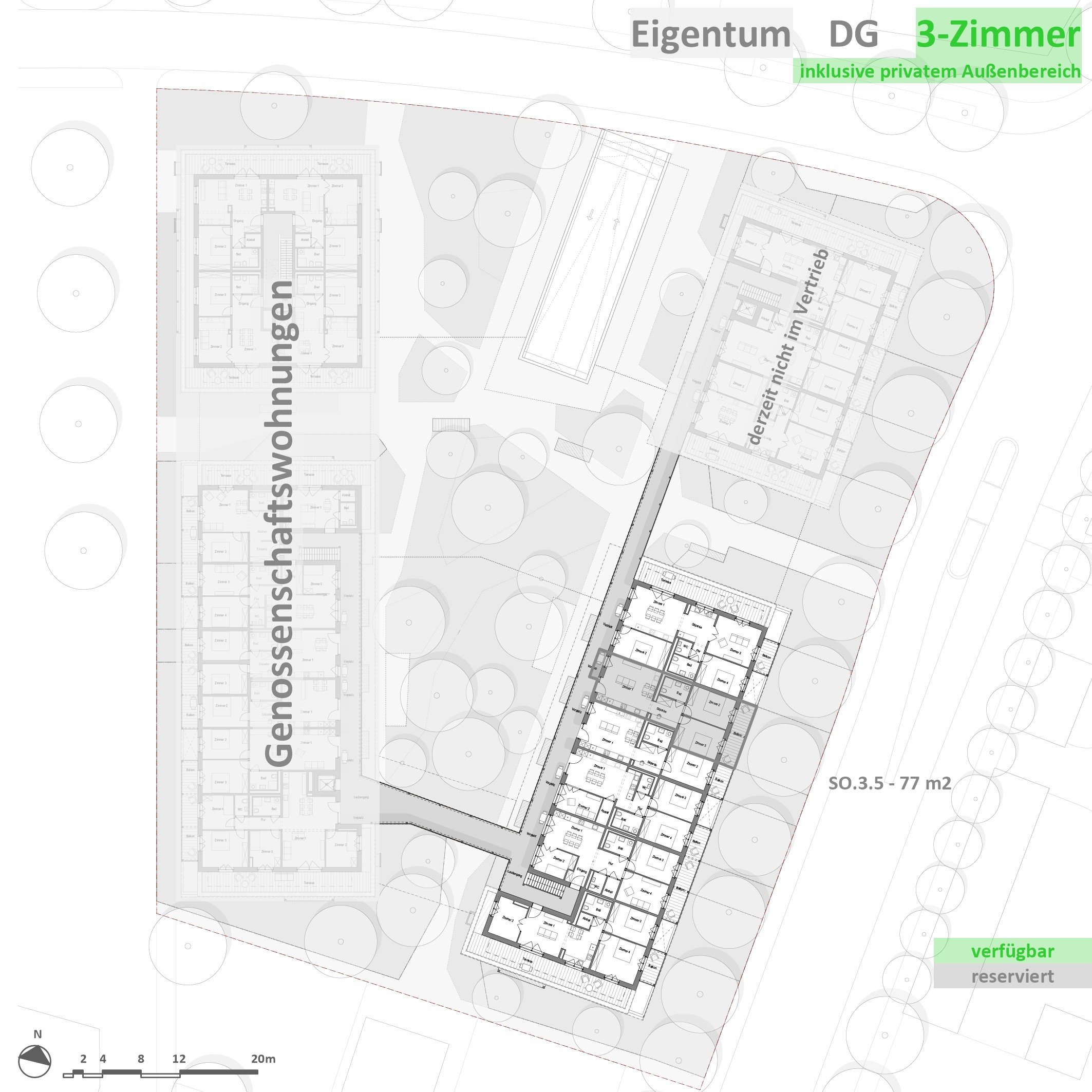 E_3Z_DG V3 Grundriss des Dachgeschosses mit markierten 3-Zimmer-Wohnungen – Eigentumswohnungen OEKOGENO Vielfalt in Ladenburg
