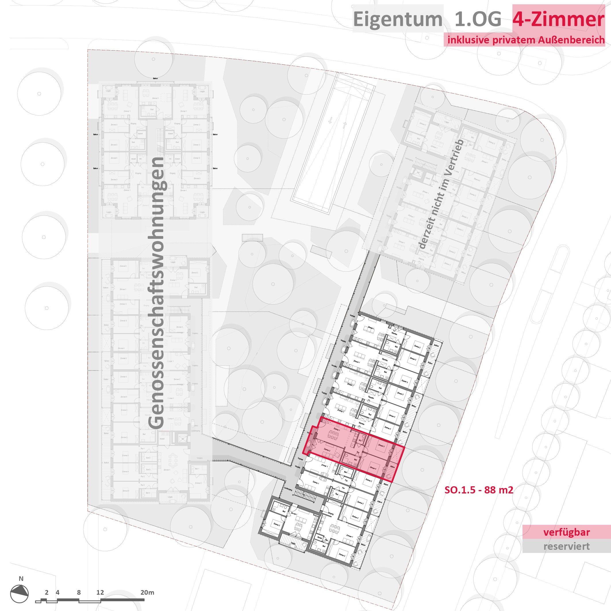 E_4Z_1OG V2 Grundriss des 1. Obergeschosses mit markierter 4-Zimmer-Wohnung – Eigentumswohnungen OEKOGENO Vielfalt in Ladenburg