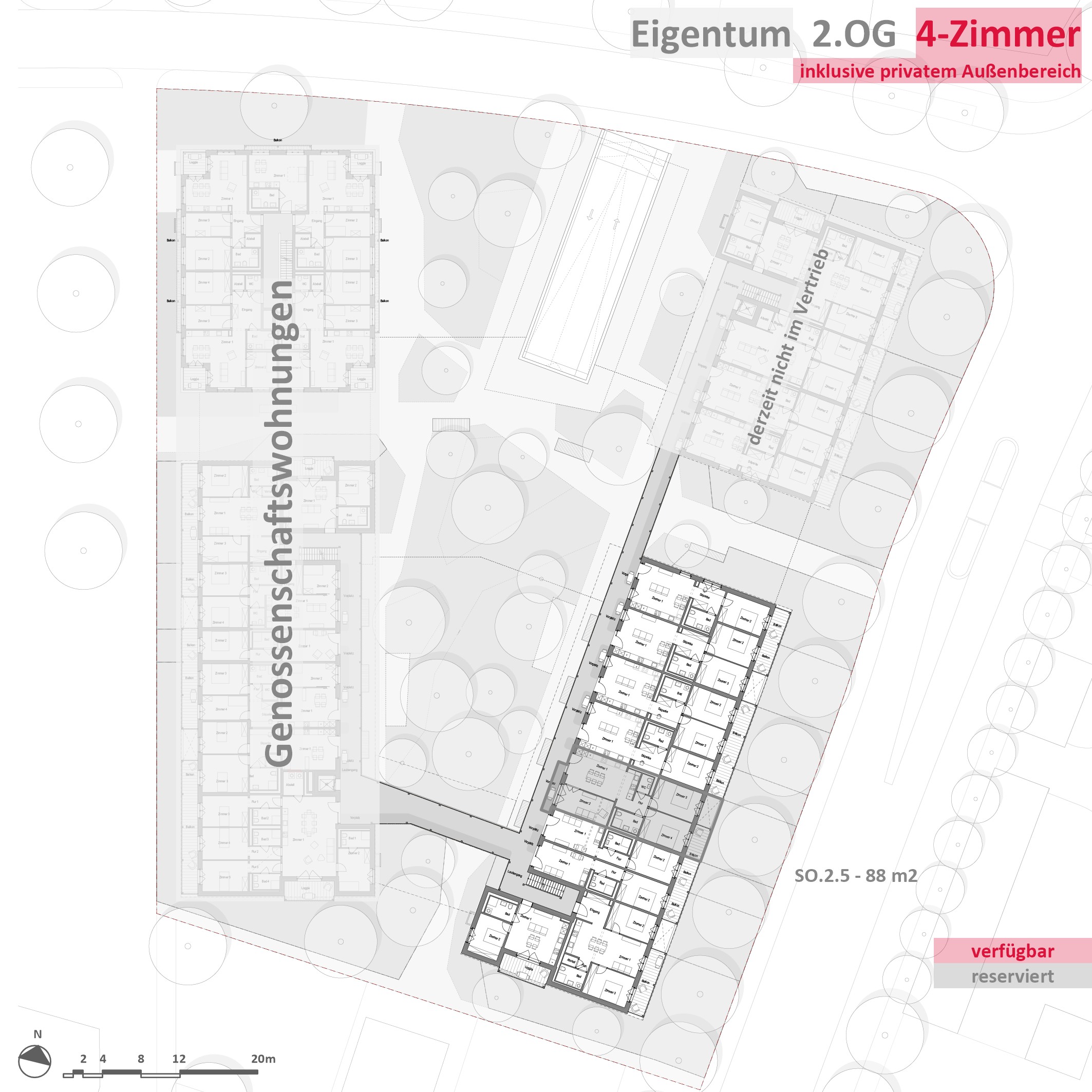 E_4Z_2OG_V3 Grundriss des 2. Obergeschosses mit markierter 4-Zimmer-Wohnung – Eigentumswohnungen OEKOGENO Vielfalt in Ladenburg