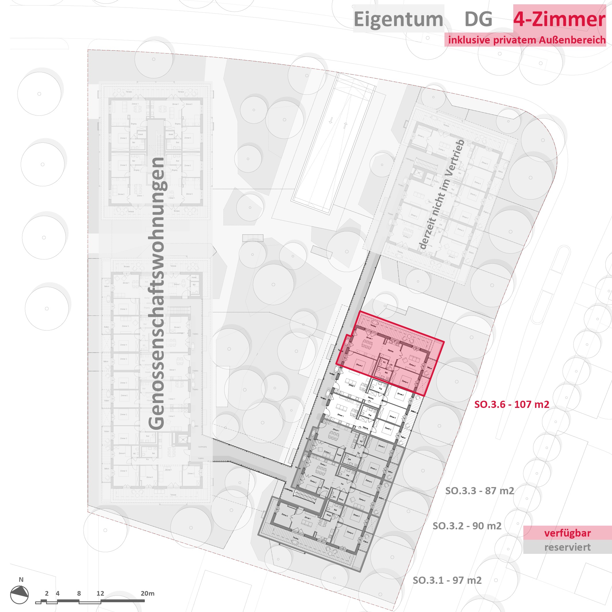 E_4Z_DG_V3 Grundriss des Dachgeschosses mit markierten 4-Zimmer-Wohnungen – Eigentumswohnungen OEKOGENO Vielfalt in Ladenburg