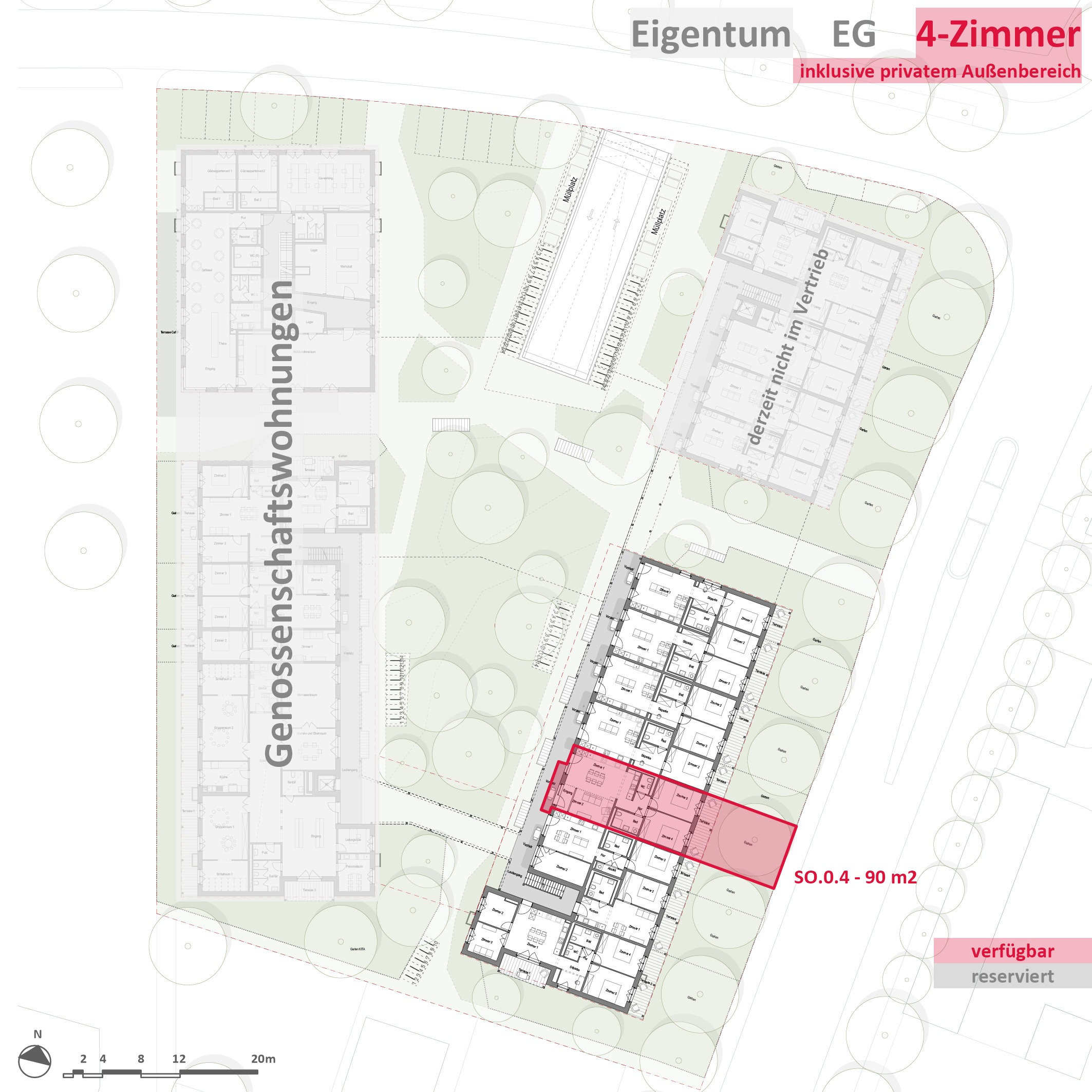 E_4Z_EG V2 Grundriss des Erdgeschosses mit markierter 4-Zimmer-Wohnung – Eigentumswohnungen OEKOGENO Vielfalt in Ladenburg