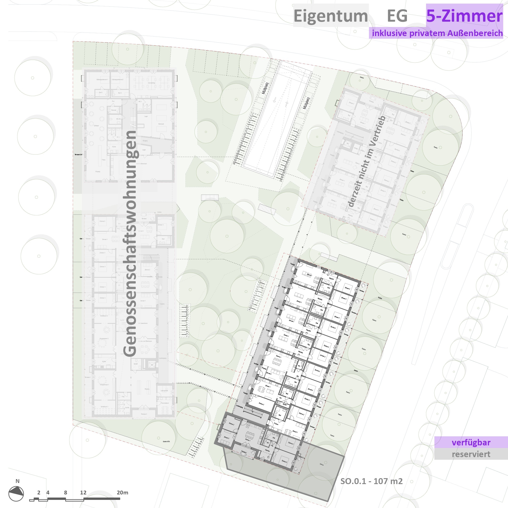 E_5Z_EG_V3 Grundriss des Erdgeschosses mit markierter 5-Zimmer-Wohnung – Eigentumswohnungen OEKOGENO Vielfalt in Ladenburg