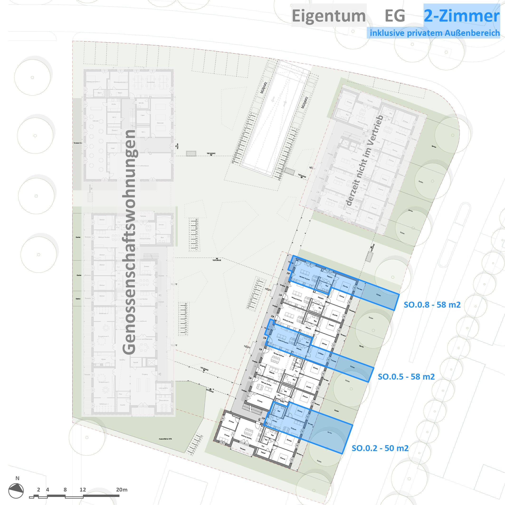 Grundriss des Erdgeschosses mit markierten 2-Zimmer-Wohnungen – Eigentumswohnungen OEKOGENO Vielfalt in Ladenburg